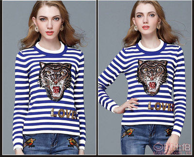 【炫沛2018歐秋裝新款條紋老虎頭亮片刺繡兔絨毛衣廠家批發針織衫152】汕頭市澄海區炫沛毛織廠 - 產品庫