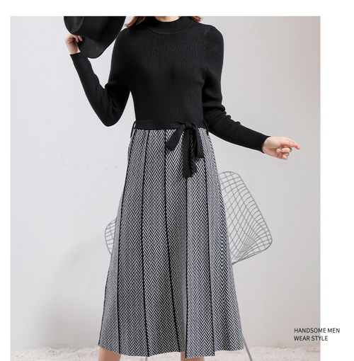 施悅名 韓風(fēng)休閑毛織連衣裙修身顯瘦拼接毛衣格紋裙擺中長(zhǎng)款裙子時(shí)尚女裝a