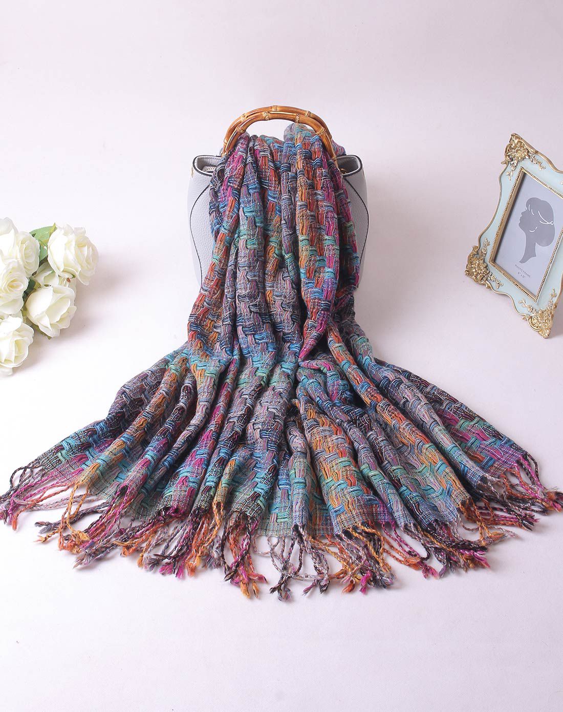 女童多色暖色系彩條毛織圍巾